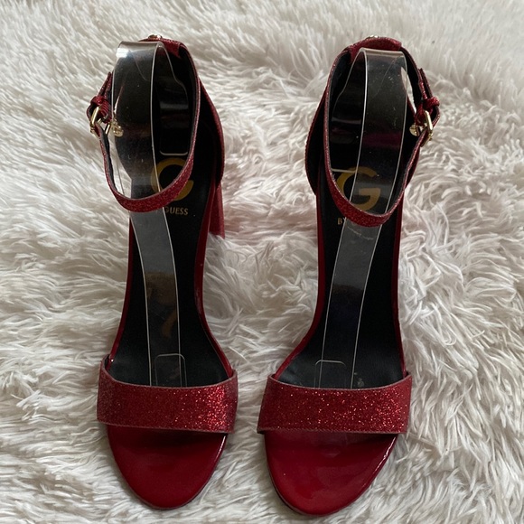 Womens Sz 7.5M red low stacked heel strap ankle wrapped glitter party sandals - Picture 4 of 13